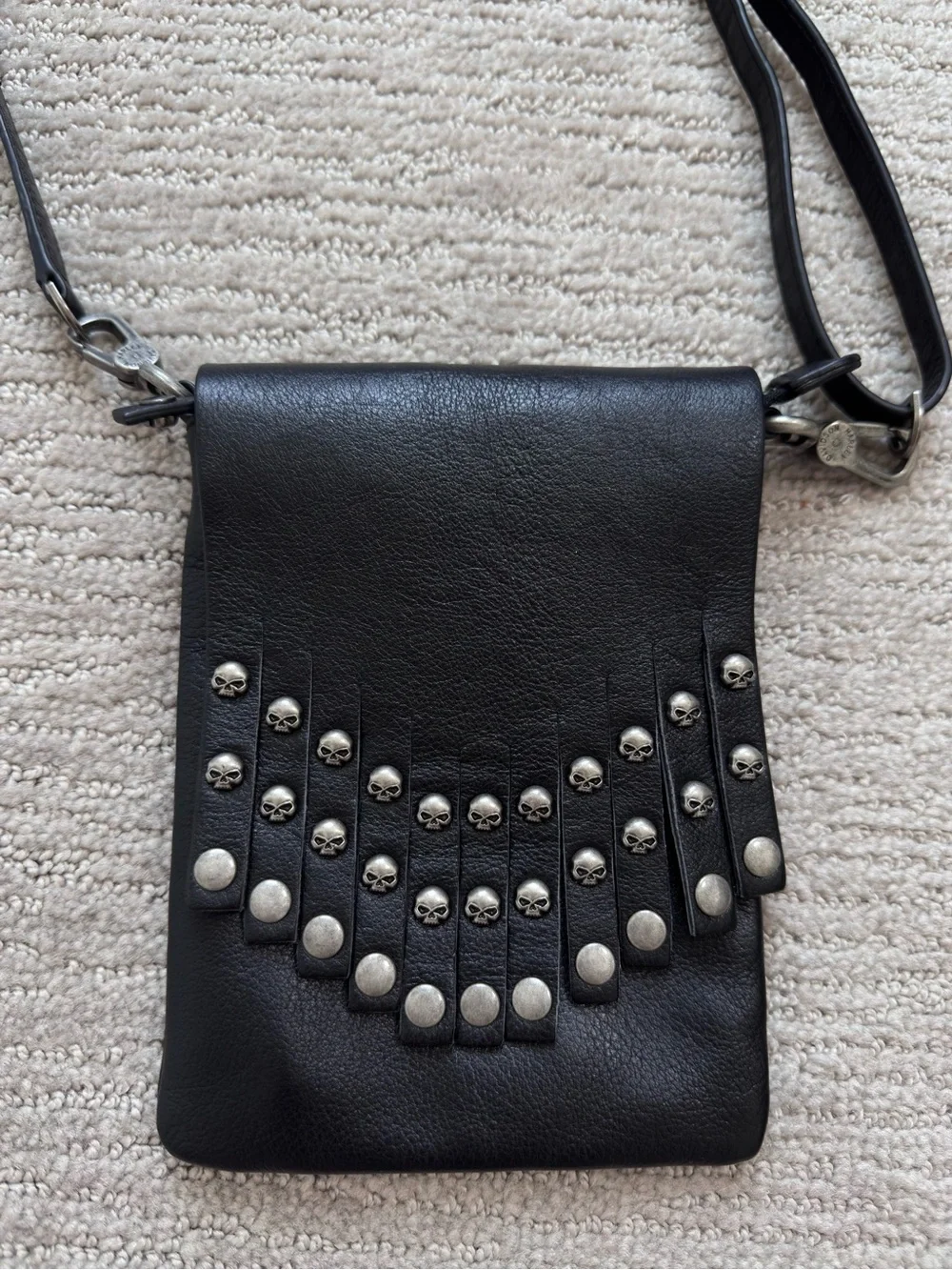 Harley-Davidson Black Leather Skull Fringe Crossbody 5x7” Bag Biker Gothic Rock